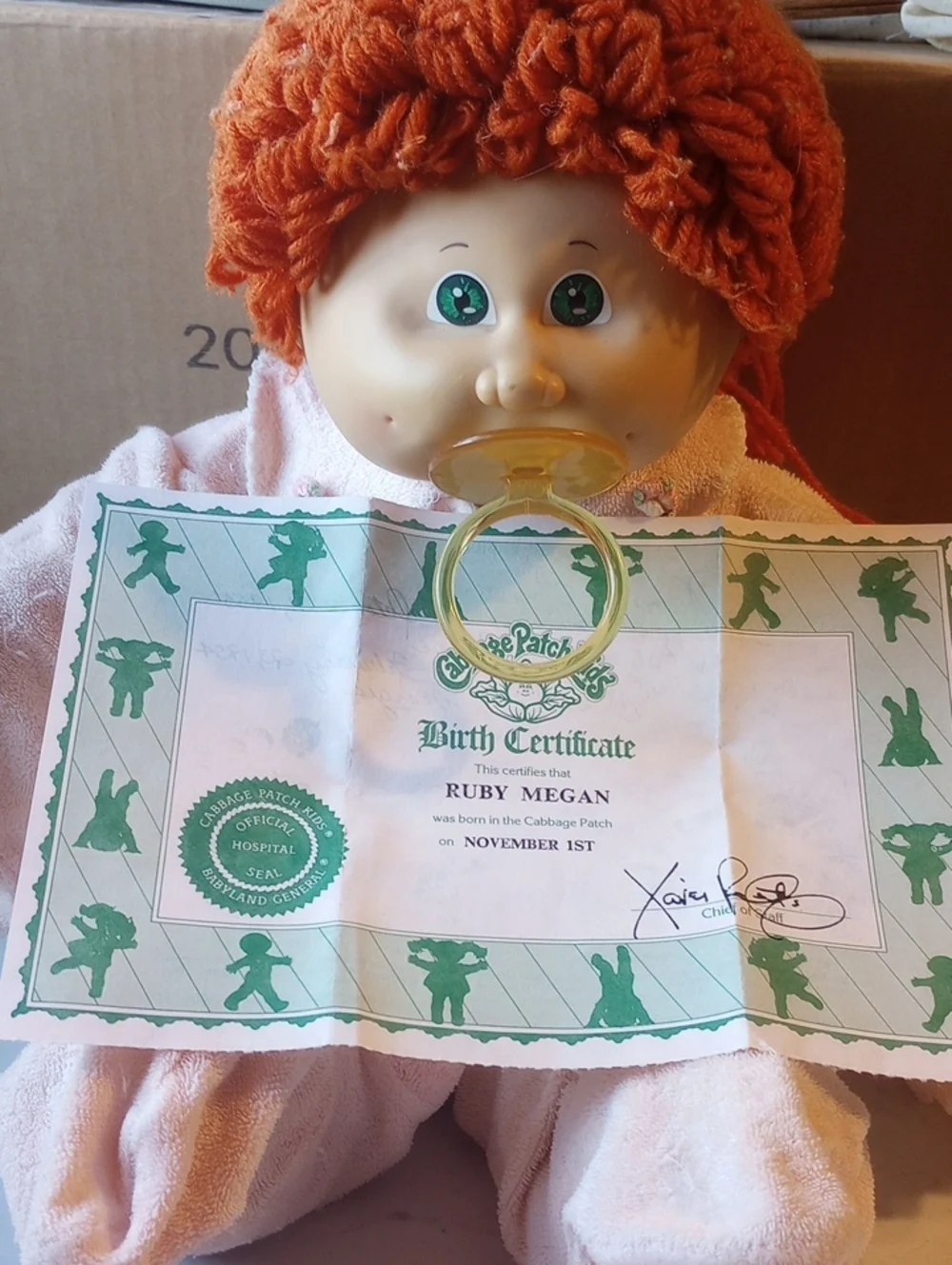 Vintage 80s Cabbage Patch Kid. Red Hair, Green Eyes, Pacifier, Birth Certificate